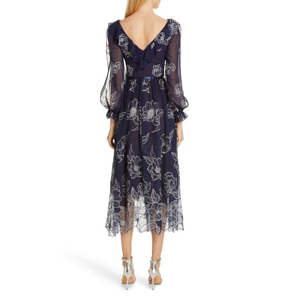 Marchesa Notte Floral Midi Dress Embroidered Long-Sleeve Tulle Navy Blue Size 6 - Picture 2 of 11